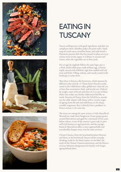 Een tekstpagina uit het e-book van Rouchelli over eten in Toscane, met foto's van bistecca, pecorino en ribollita